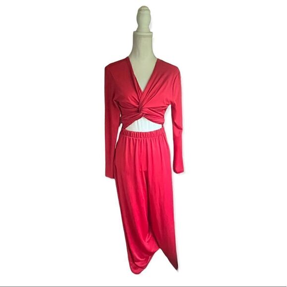 ZAFIRA SASHA SELF TIE CONVERTIBLE LONG SLEEVE WIDE LEG JUMPSUIT HIBISCUS RED S - Picture 2 of 13